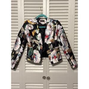 Mango Black and White Floral Open Front Blazer Jacket Women's Size S
